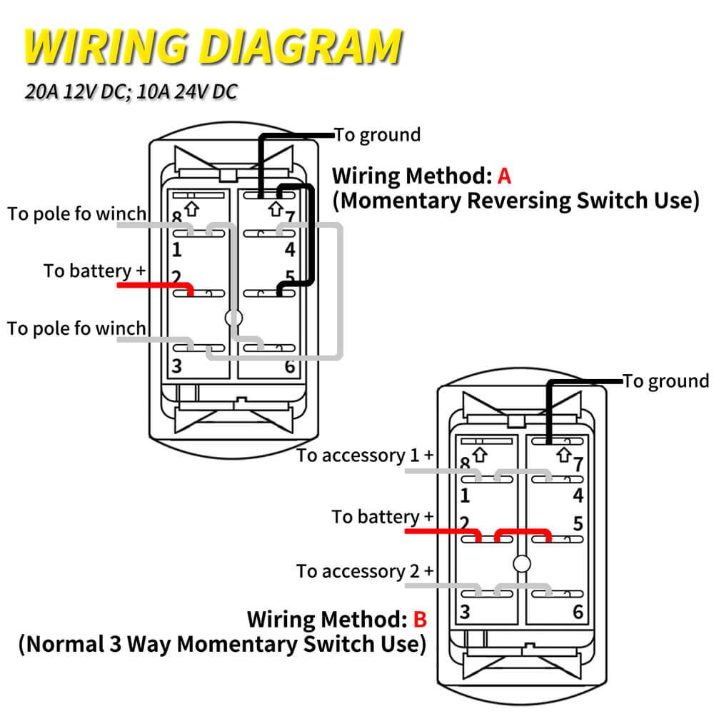 20A 12V 3 Way Dual LED 7 Pin Momentary DPDT Rocker Switch wiring diagram