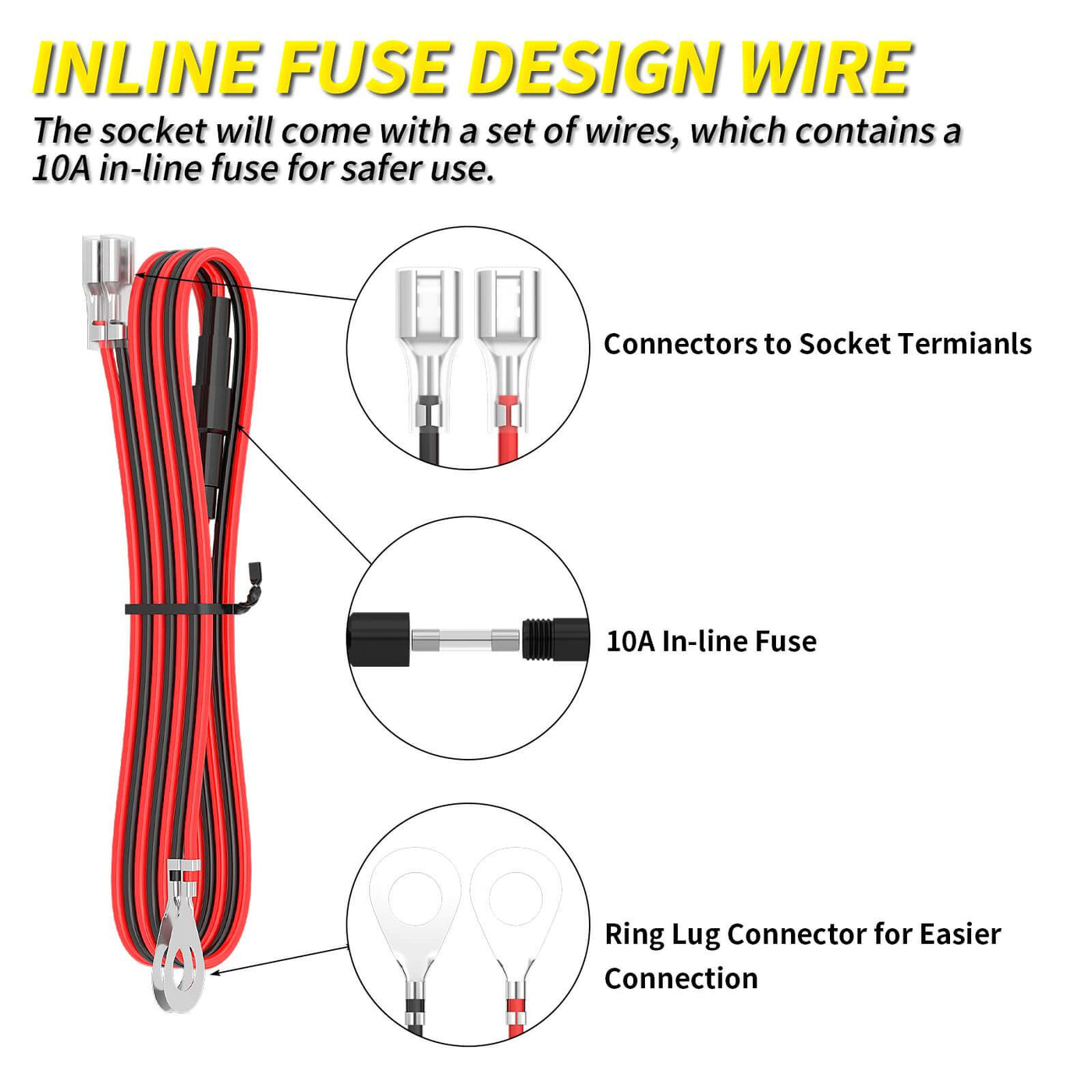 12V Auto Car Cigarette Lighter Socket inline fuse design wire