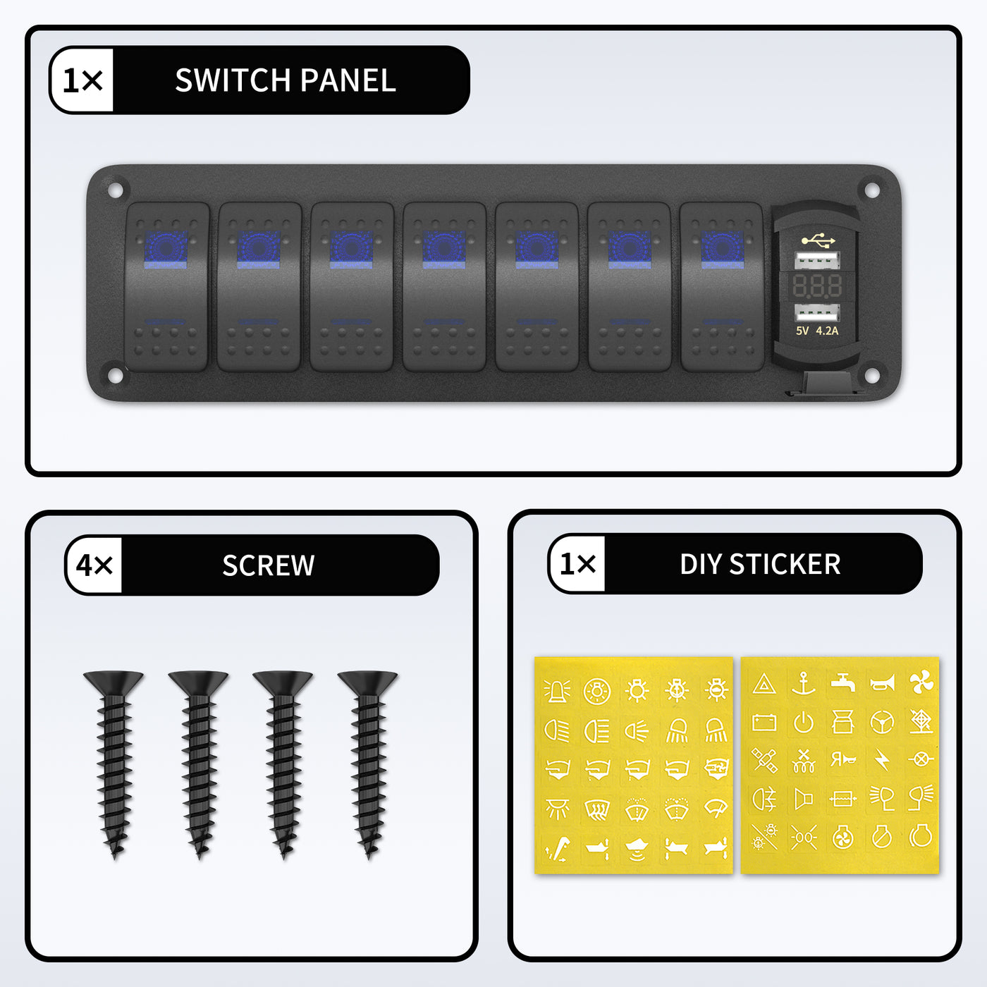 7 Gang Rocker Switch Panel With 5V 4.2A Dual USB Charger - DAIER