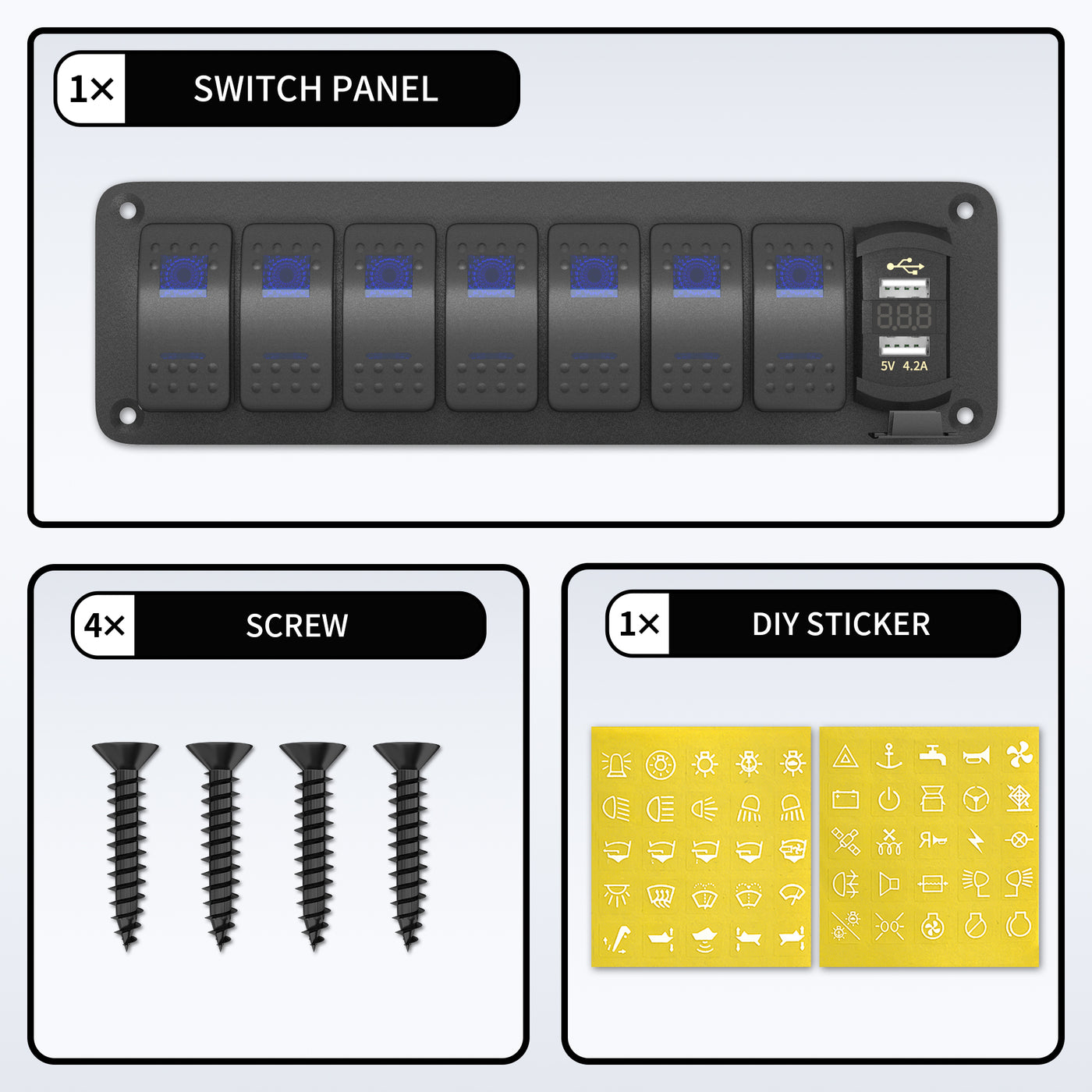 7 Gang Rocker Switch Panel With 5V 4.2A Dual USB Charger