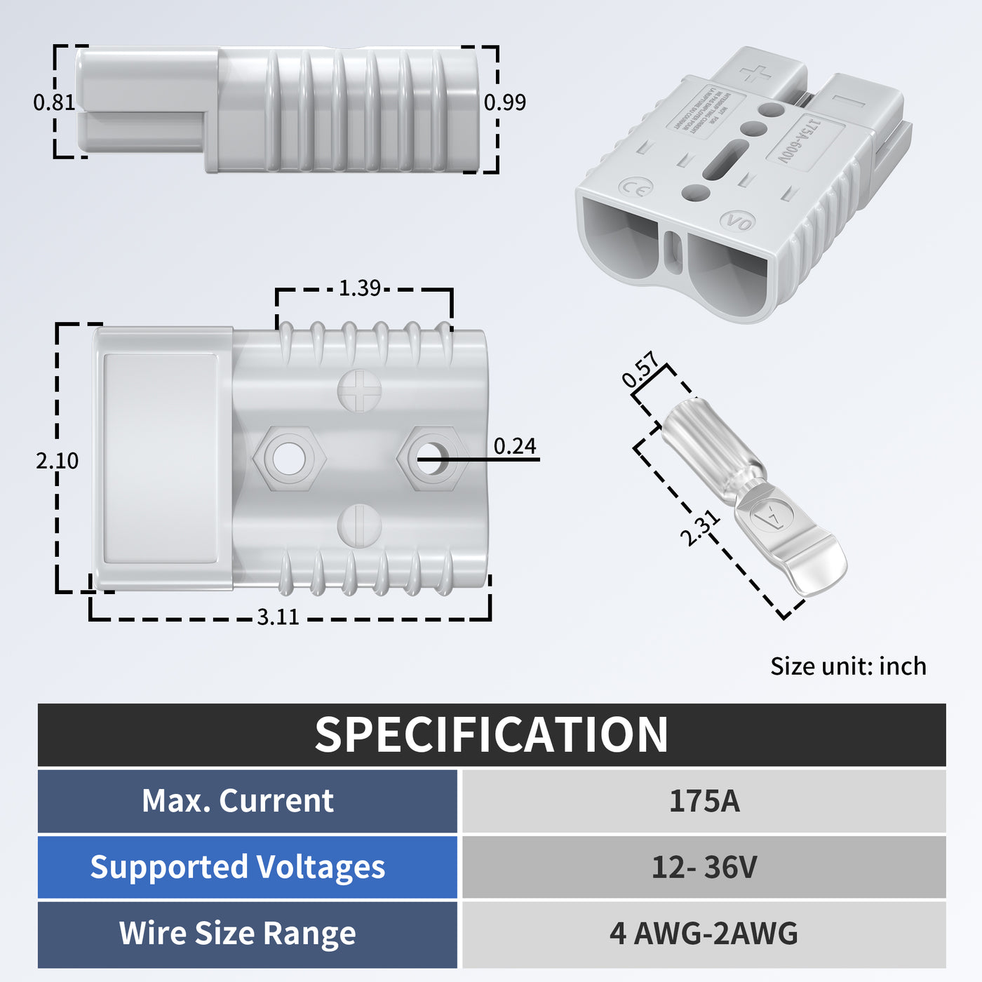 Pair of 175Amp Grey Battery Cable Disconnect Connector - DAIER