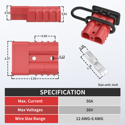 Pair of 50Amp Red Battery Quick Disconnect Connector with Cover - DAIER