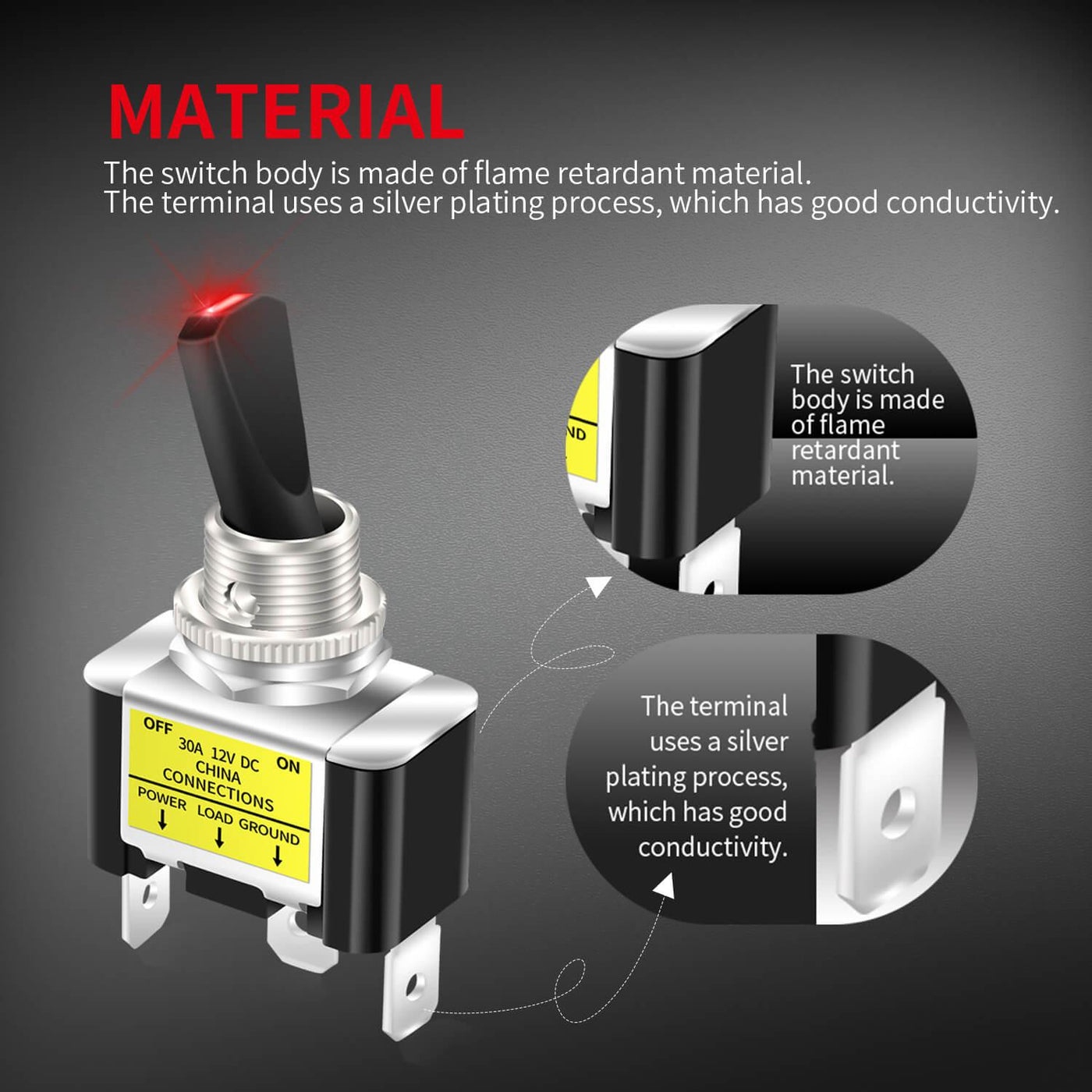 Heady Duty SPST ON OFF LED Lighted 30A 12V Toggle Switch material