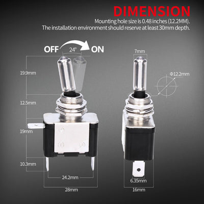 Race 12 Volt 20A ON-OFF SPST 3 Pin Illuminated Toggle Switch dimension