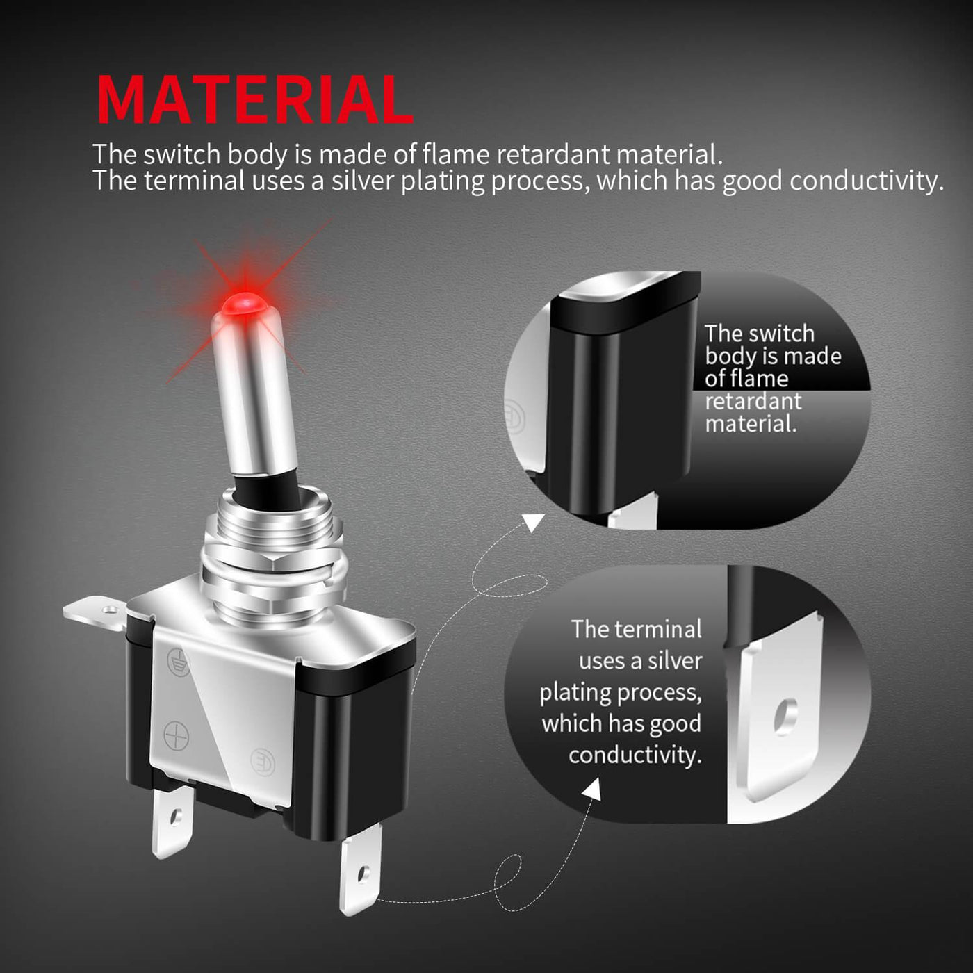 Race 12 Volt 20A ON-OFF SPST 3 Pin Illuminated Toggle Switch material