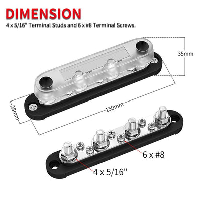 BB150-T4M8S6-C 150A 4 Studs M8 5/16” 12V Electrical Bus Bar dimension