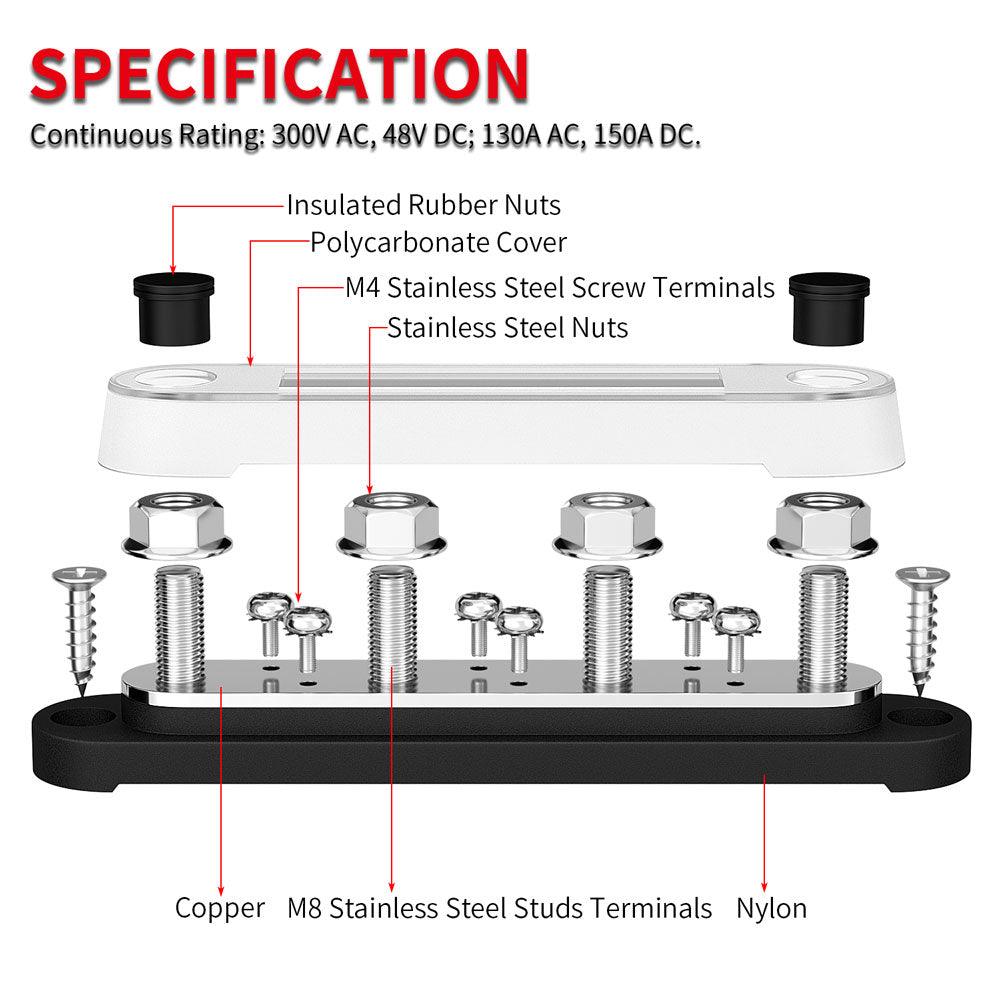 BB150-T4M8S6-C 150A 4 Studs M8 5/16” 12V Electrical Bus Bar specification