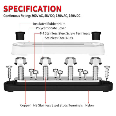 BB150-T4M8S6-C 150A 4 Studs M8 5/16” 12V Electrical Bus Bar specification