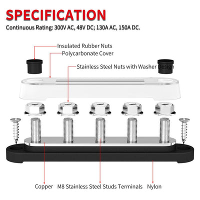 BB150-T5M8-C Automotive Power 5 Studs M8 5/16” 12V Bus Bar specification