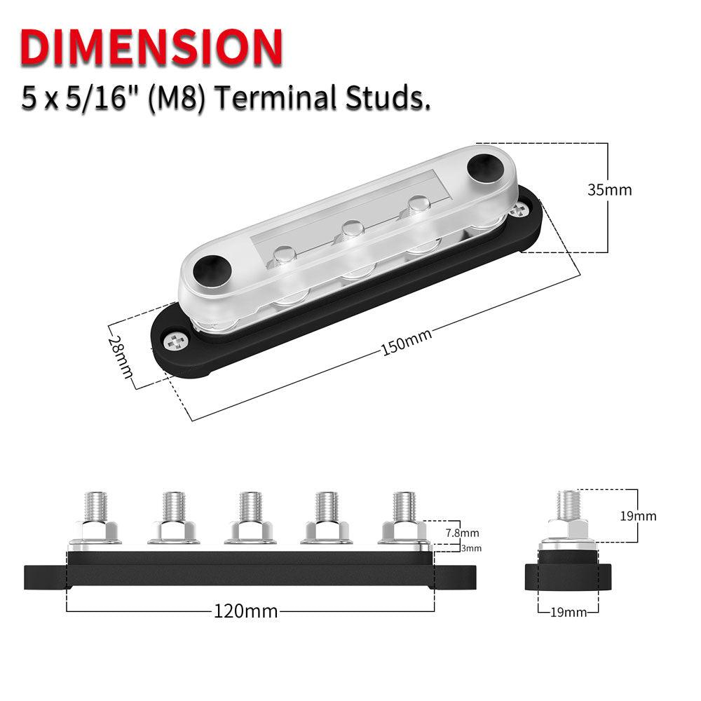 BB150-T5M8-C Automotive Power 5 Studs M8 5/16” 12V Bus Bar dimension