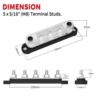 BB150-T5M8-C Automotive Power 5 Studs M8 5/16” 12V Bus Bar dimension