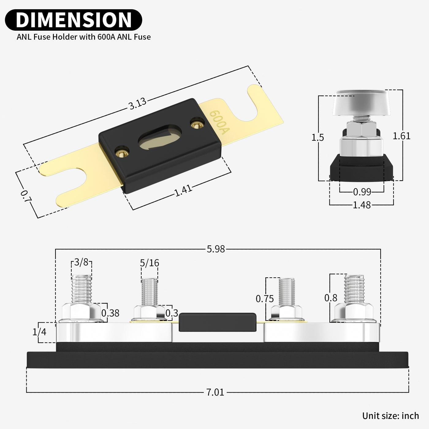 750A M10 Stud Terminals ANL Fuse Holder with Cover