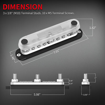 300A Heavy Duty Bus Bar with M10 Stud and M5 Terminal Screw - DAIER