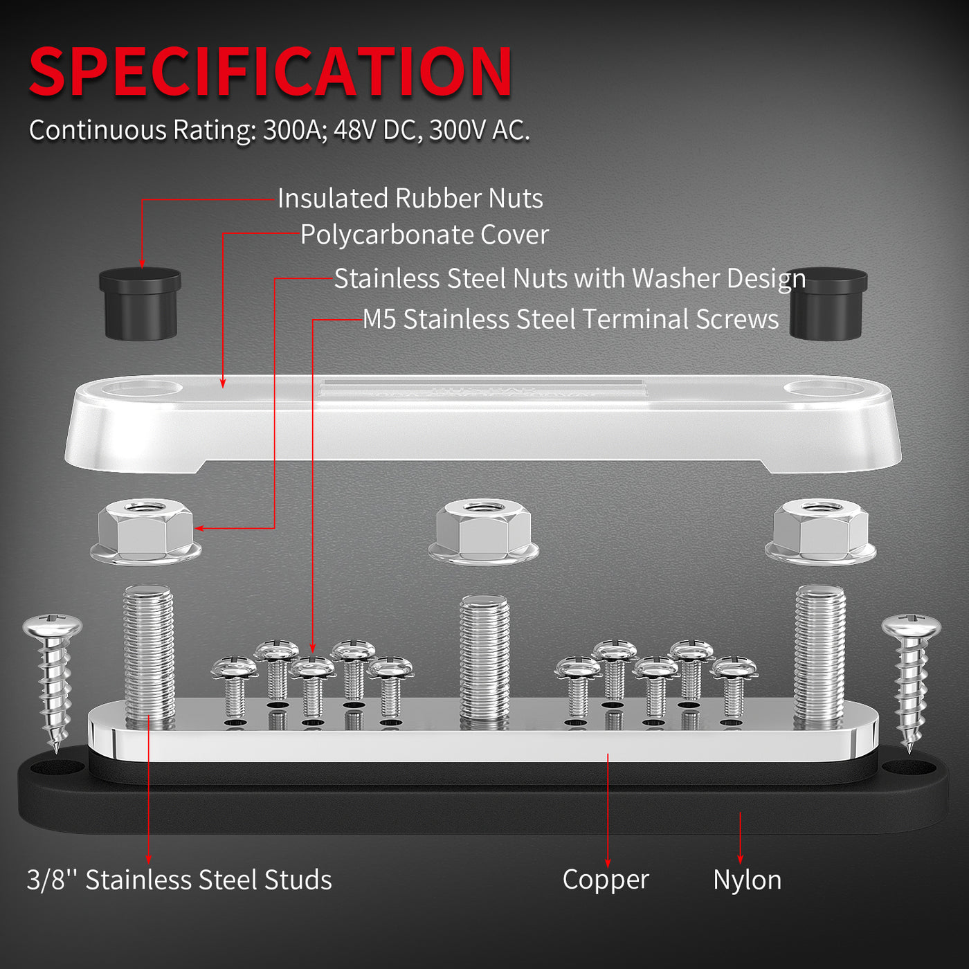 300A Heavy Duty Bus Bar with M10 Stud and M5 Terminal Screw - DAIER