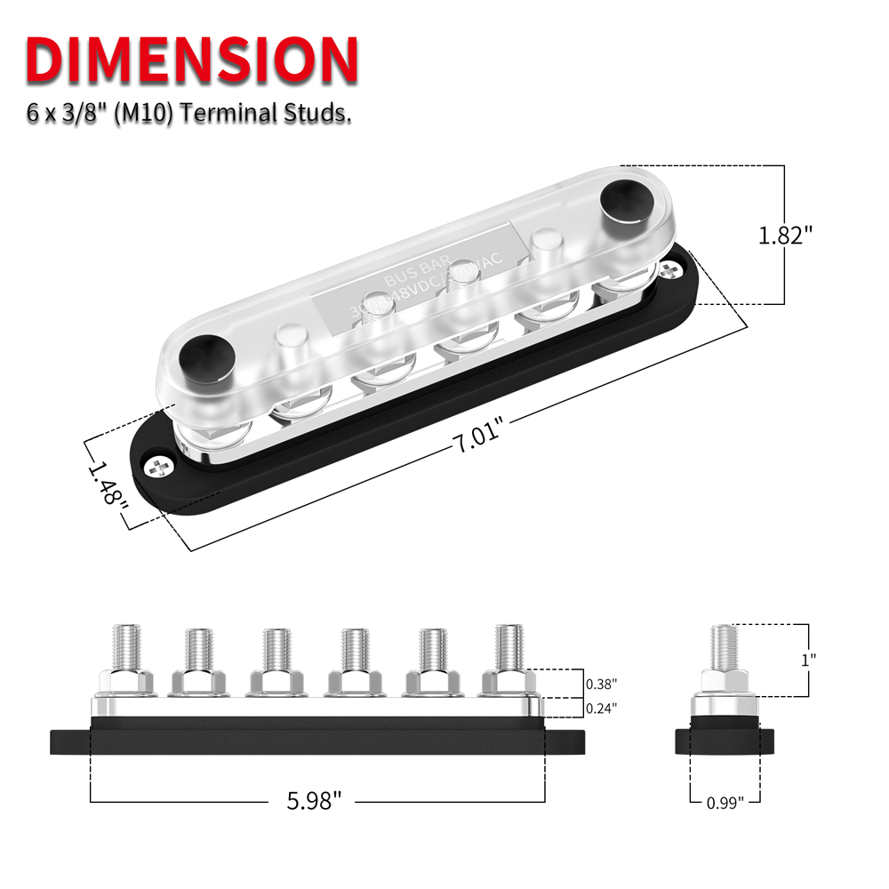 300A 6 x M10/M8 Terminal Studs Power Distribution Block with Cover - DAIER