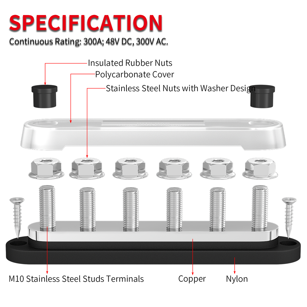 4Way Bus Bar/Power Distribution Box Screw Terminal Studs 300A W