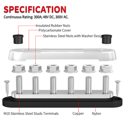 300A 6 x M10/M8 Terminal Studs Power Distribution Block with Cover - DAIER