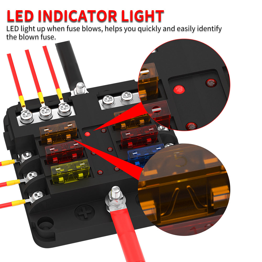 6 Way ATC/ATO 12V Marine Fuse Block with Indicator Light - DAIER