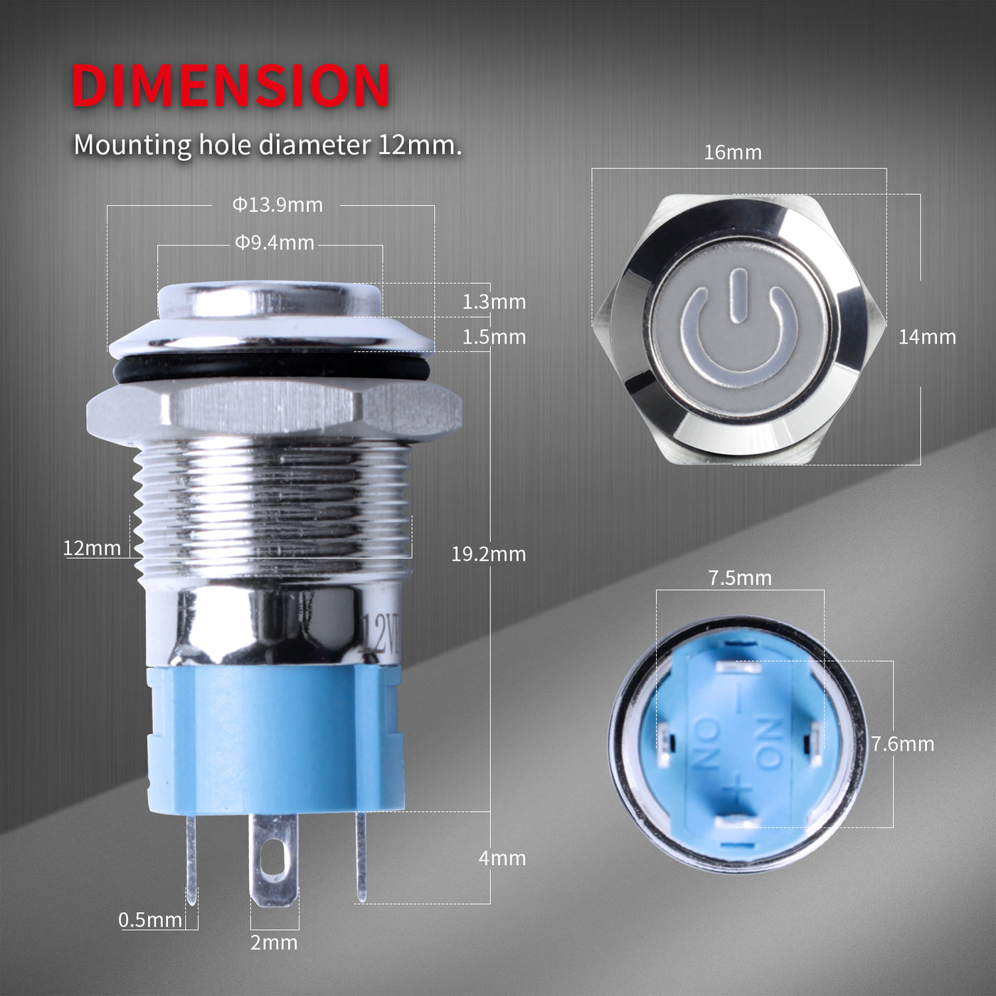 12V 12mm Waterproof Latching Push Button Switch with LED