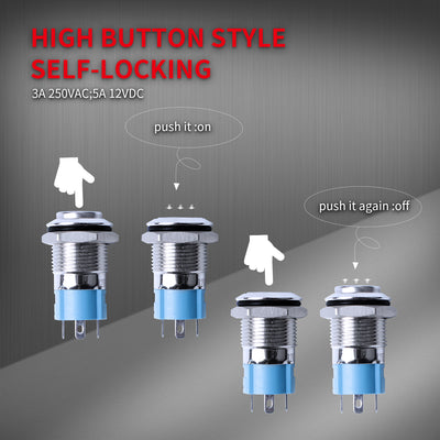 12V 12mm Waterproof Latching Push Button Switch with LED - DAIER