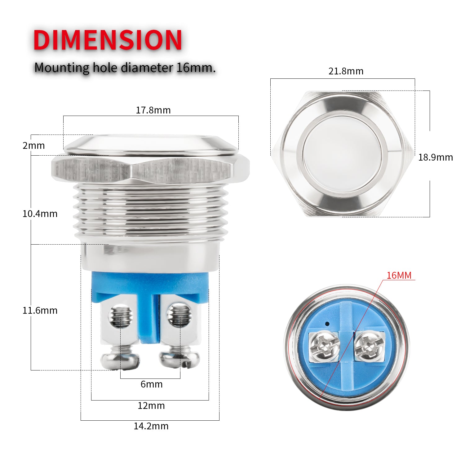 2pcs 12V 16mm Flat Head Round Horn Momentary ON OFF Push Button Switch ...