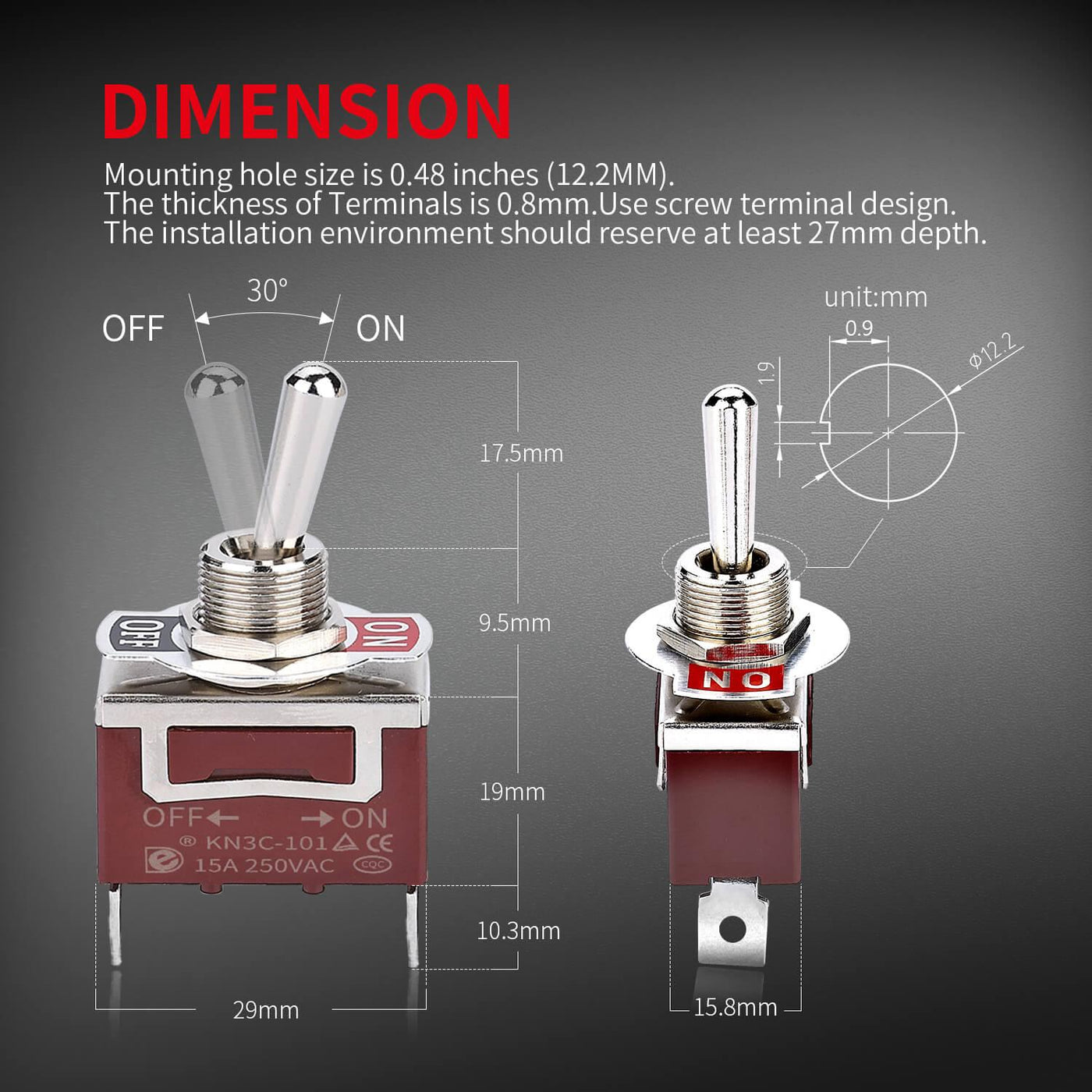 Waterproof 2 Position SPST ON OFF 2 Pins Boat Toggle Switch dimension