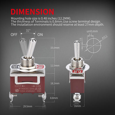 Auto SPST ON OFF 2 PIN Toggle Switch dimension