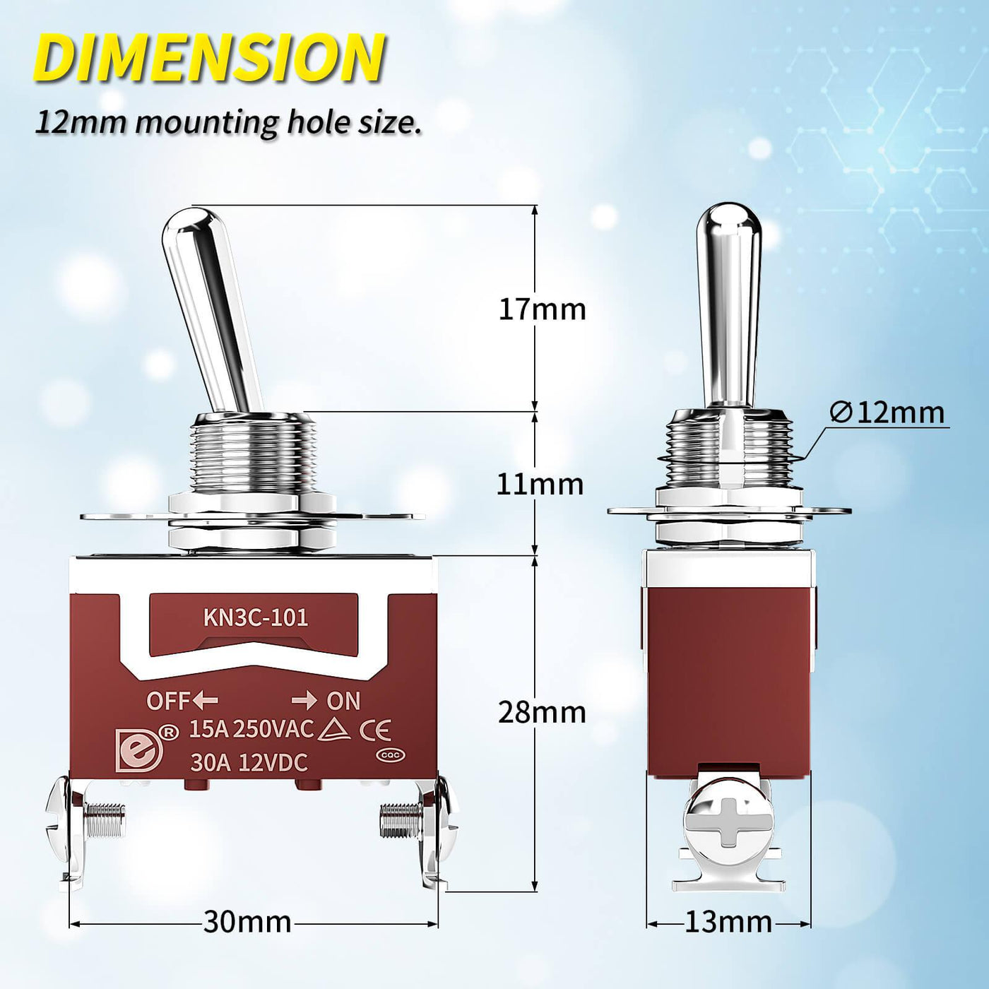 Race 12MM Toggle Switch ON OFF 2 Pins With Rubber Safety Cap dimension