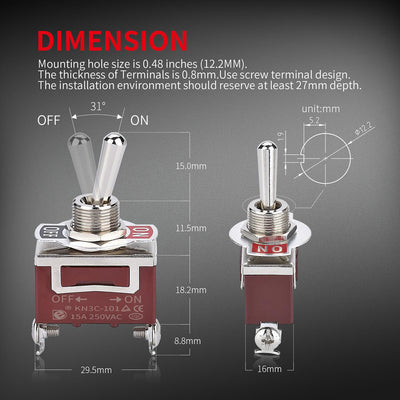 Dustproof Safty Coverd 2 Way Locking ON OFF Toggle Switches dimension