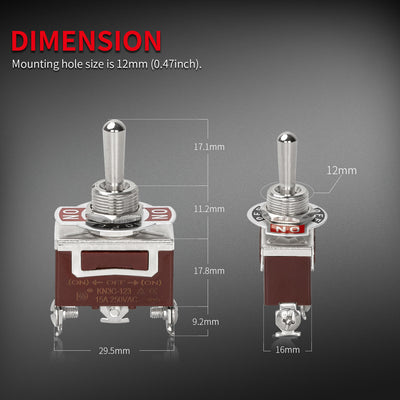 15A 250V Momentary 3 Way Toggle Switch With Dustproof Cover dimension