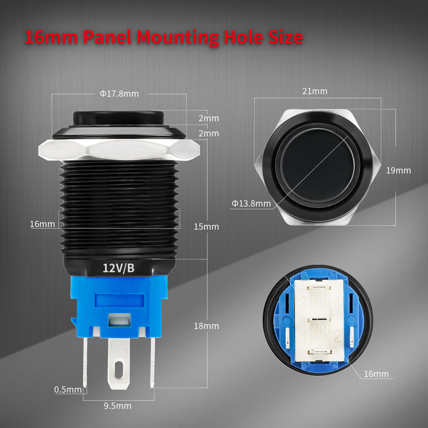 High Head 16mm Ring LED Black Latching/Momentary Pushbutton Switch
