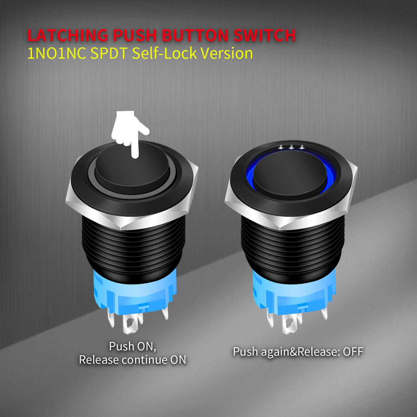 High Head 16mm Ring LED Black Latching/Momentary Pushbutton Switch - DAIER
