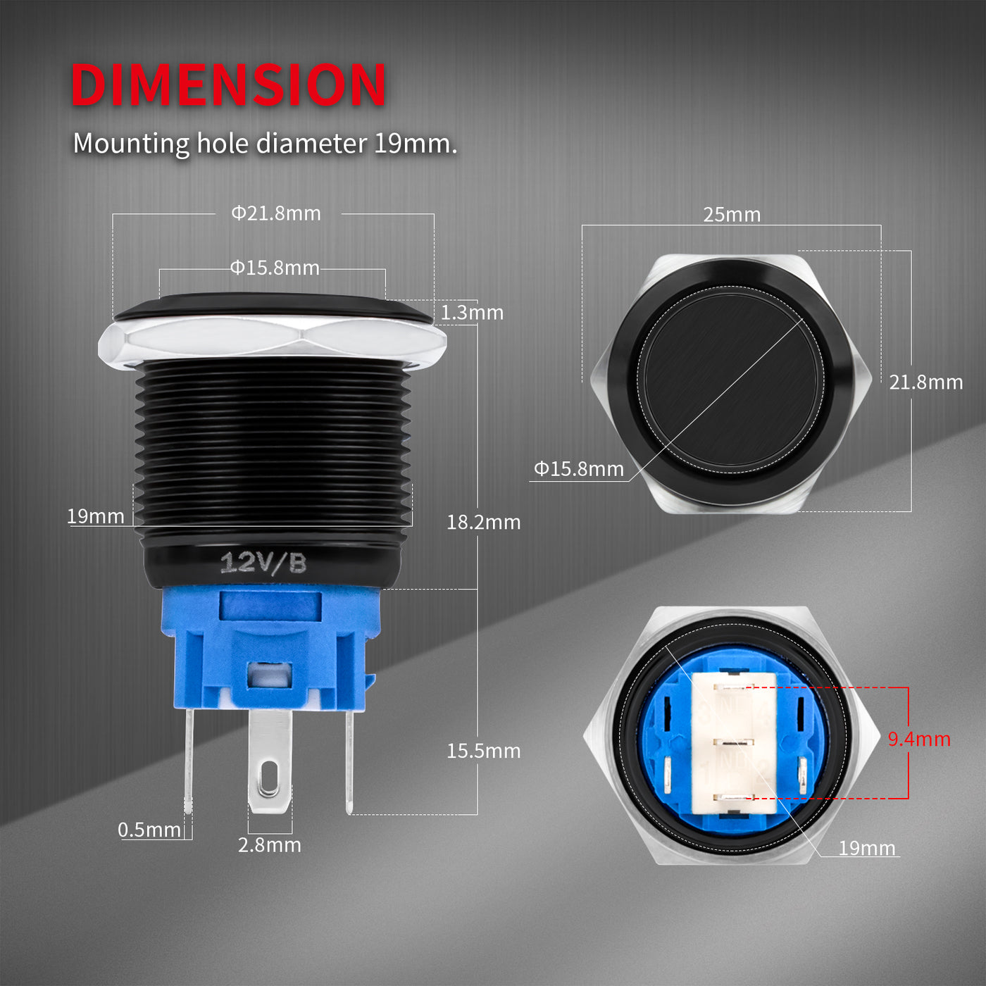 19mm 12V LED Lighted Latching Push Button Switch with Pre-Wired – DAIER