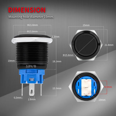 19mm 12V LED Lighted Latching Push Button Switch with Pre-Wired