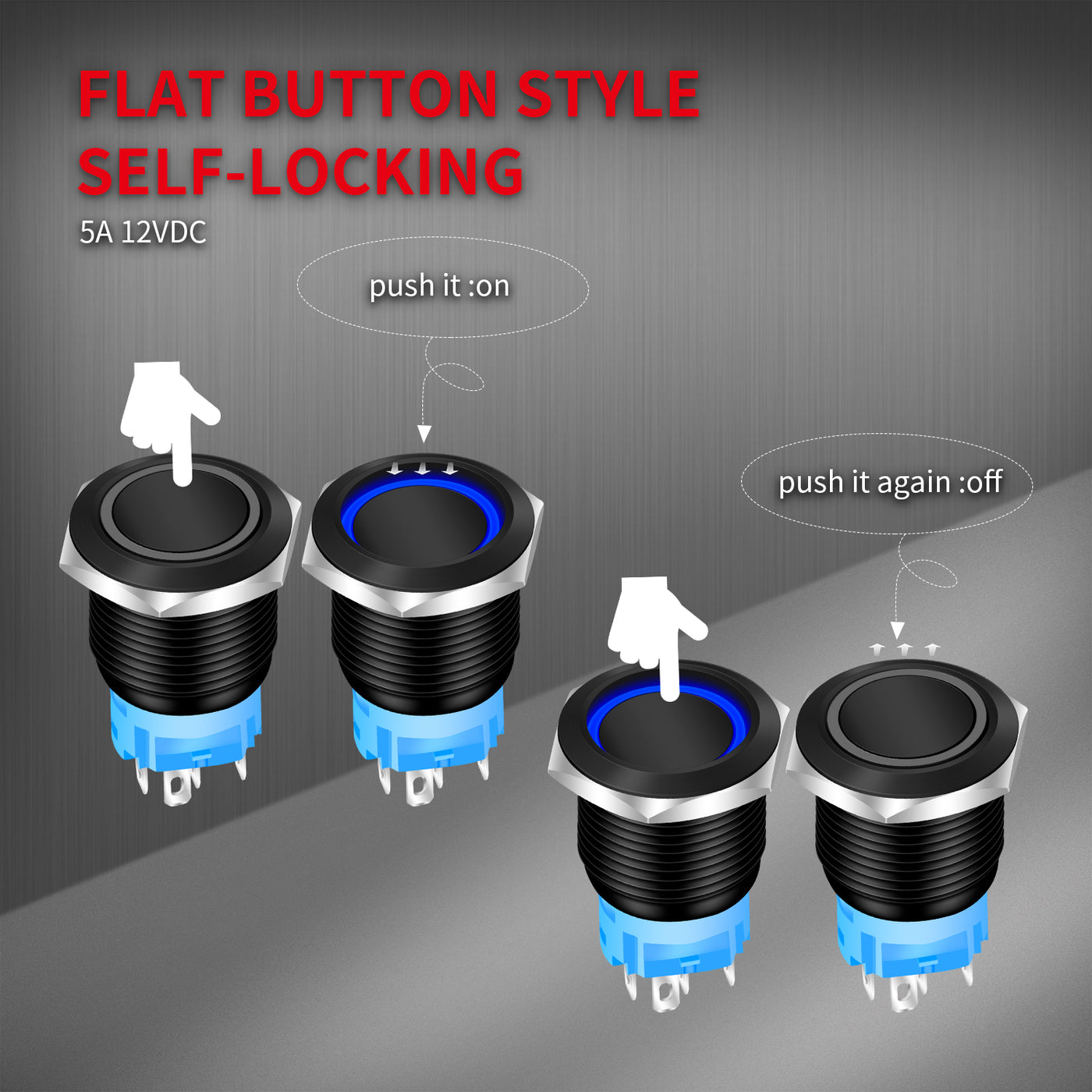 19mm 12V LED Lighted Latching Push Button Switch with Pre-Wired – DAIER