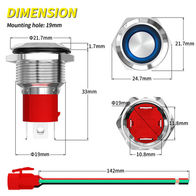19mm 20A 12V Heavy Duty Pushbutton LED Ring Switch - DAIER