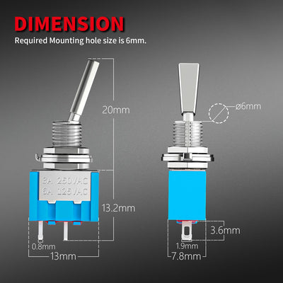 Automotive 6mm 3A 250V Lock ON OFF SPST Mini Toggle Switch dimension