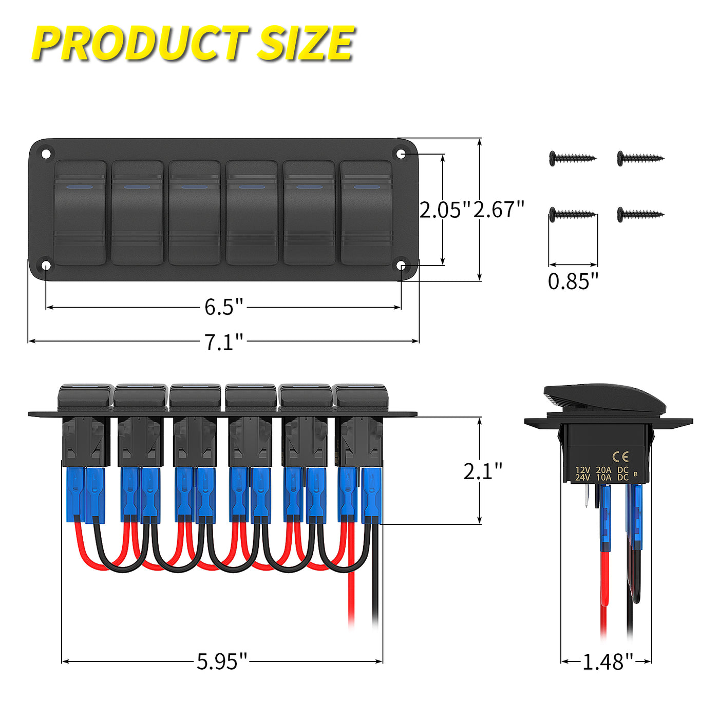 DC 12V/24V 6 Gang Toggle Switch Panel with DIY Nightglow Sticker - DAIER