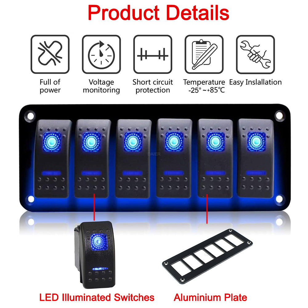 6 Gang 12V 20A Switch Panel Dual LED Light – DAIER