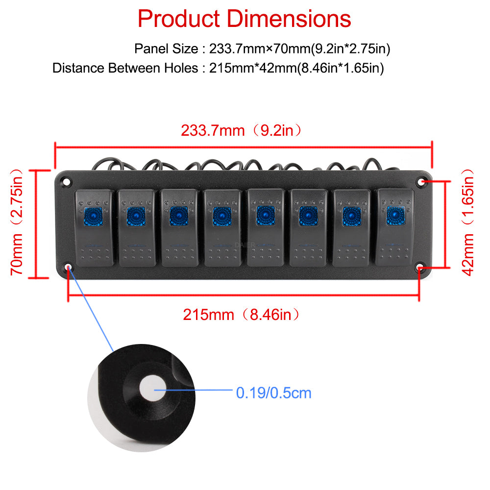 8 Gang Pre-wired Dual Light 12V Marine Panel - DAIER