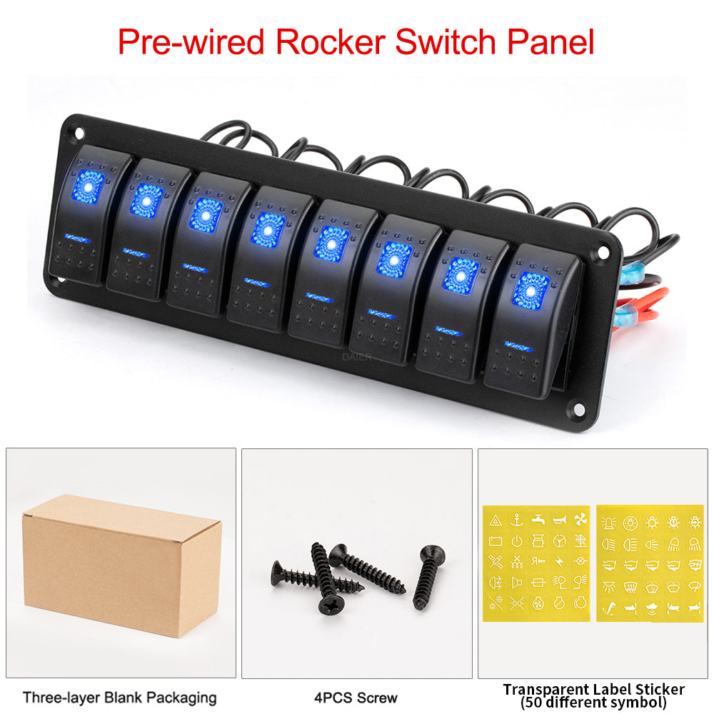 8 Gang Pre-Wired Dual Light 12V Marine Rocker Switch Panel Blue, image size:1000x1000