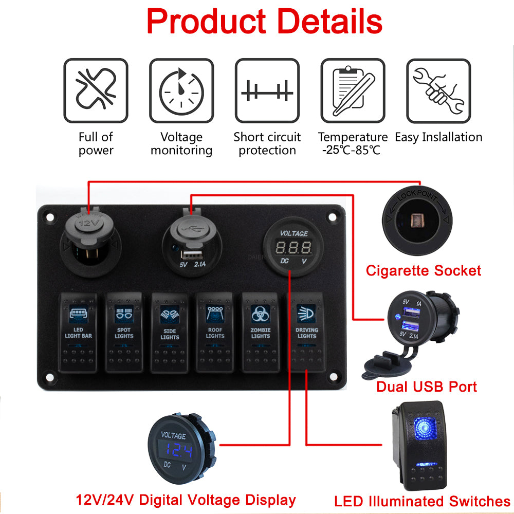 12V 6 Gang Switch Panel with Dual USB Charger Voltmeter