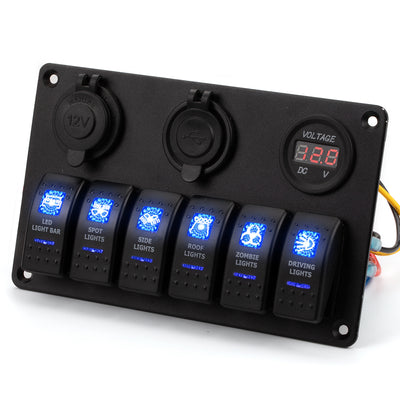 12V 6 Gang Switch Panel with Dual USB Charger Voltmeter - DAIER