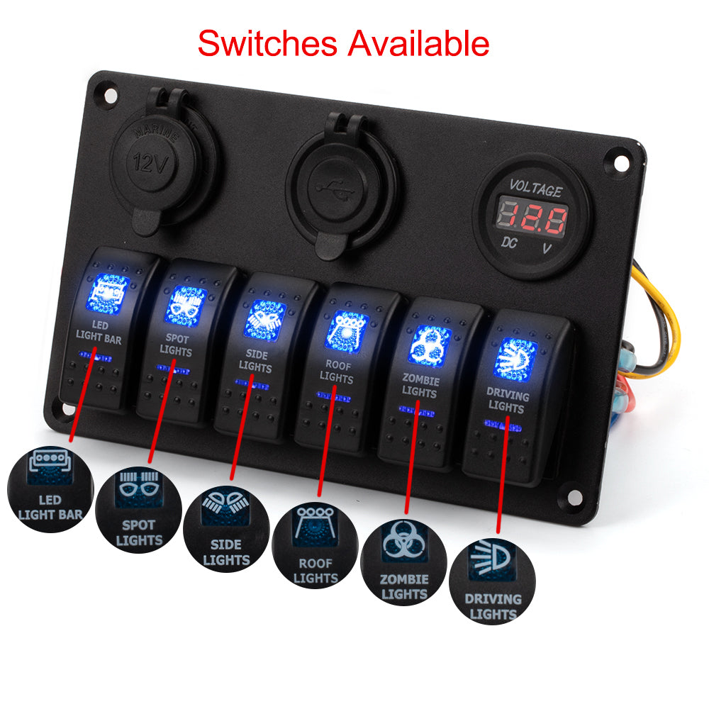 12V 6 Gang Switch Panel with Dual USB Charger Voltmeter - DAIER