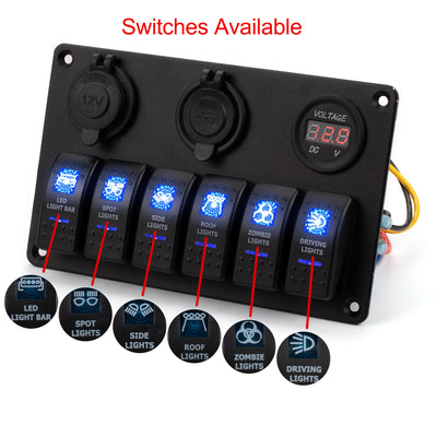 12V 6 Gang Switch Panel with Dual USB Charger Voltmeter