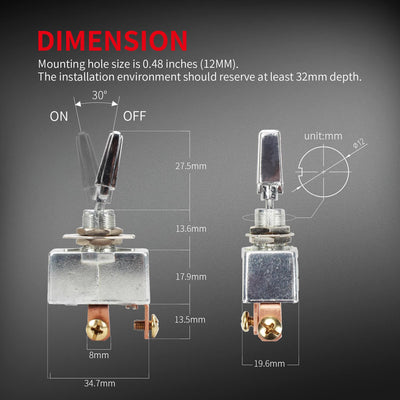 Heavy Duty 50A 12VDC SPST ON OFF 2 Way Marine Toggle Switch dimension