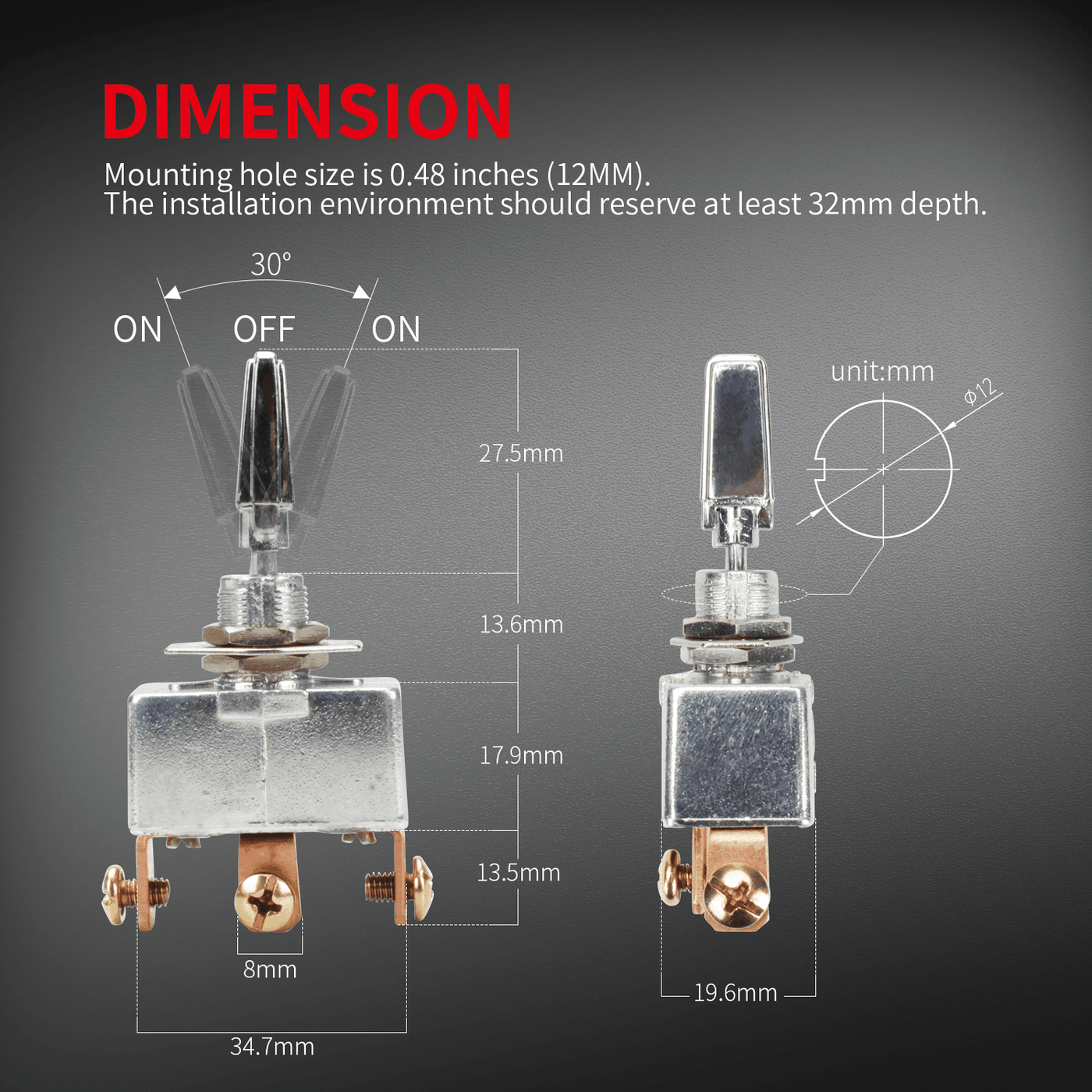 50A Aluminum Alloy SPDT ON OFF ON 3 Position Toggle Switch dimenison