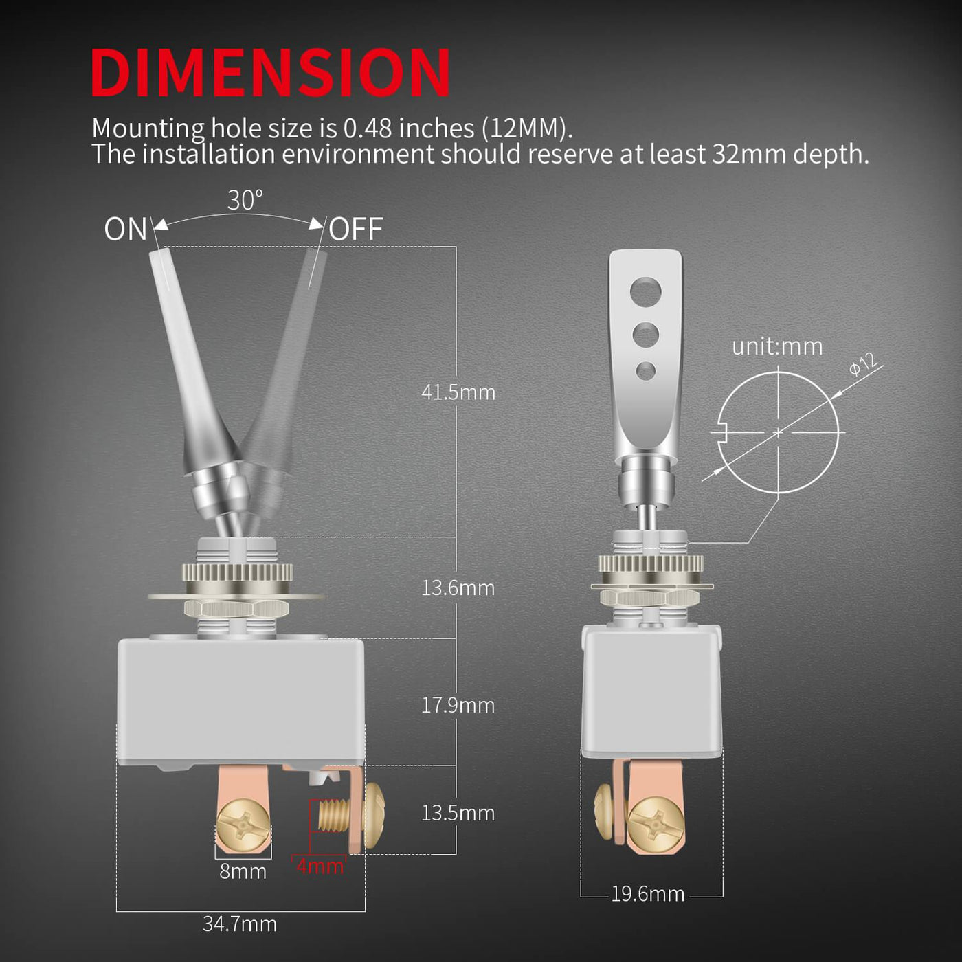 Marine Auto 50A 12VDC Heavy Duty Toggle Switch With Rubber dimension