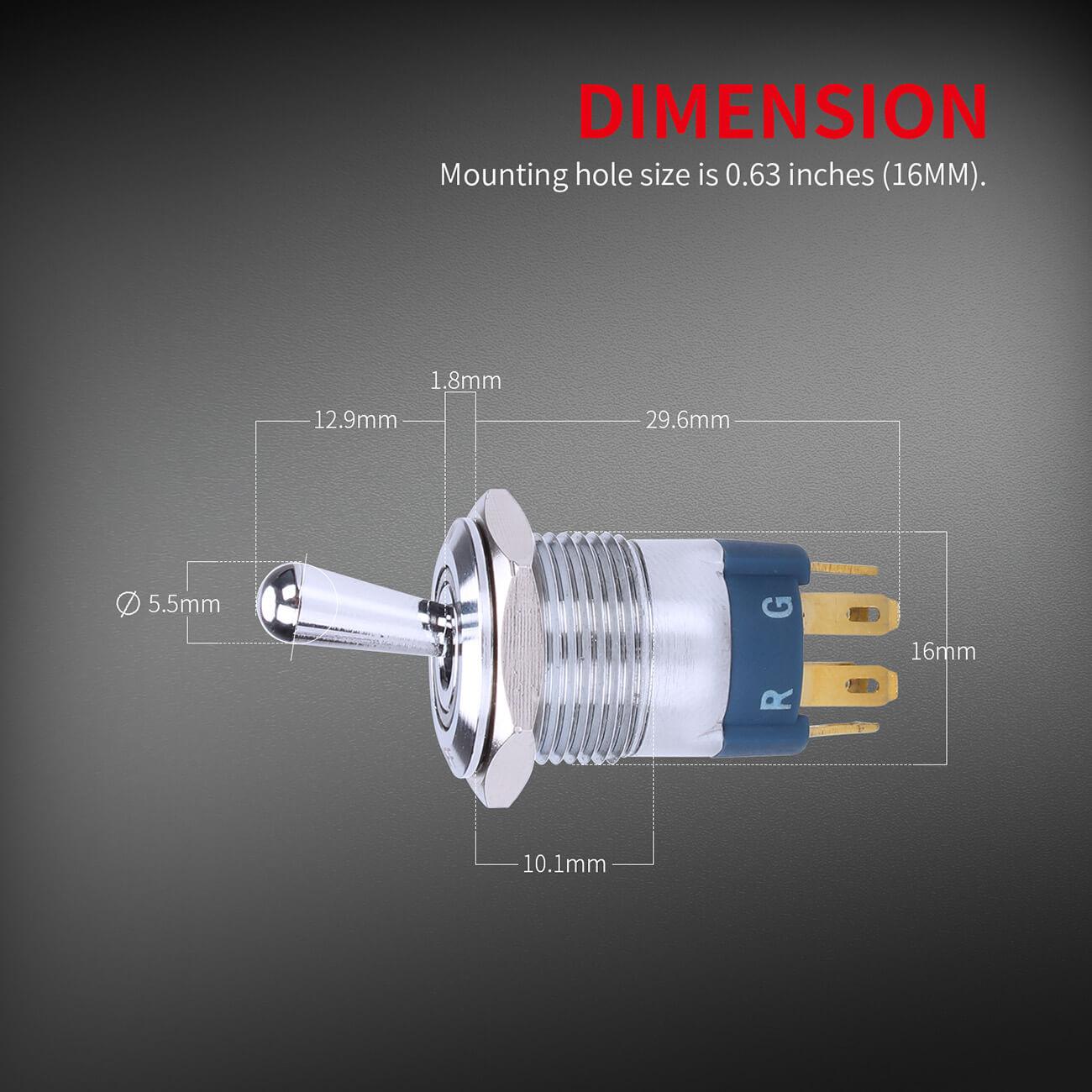 16mm SPST ON OFF 12V RGB 6 Pin Pre-Wired LEDToggle Switch dimension